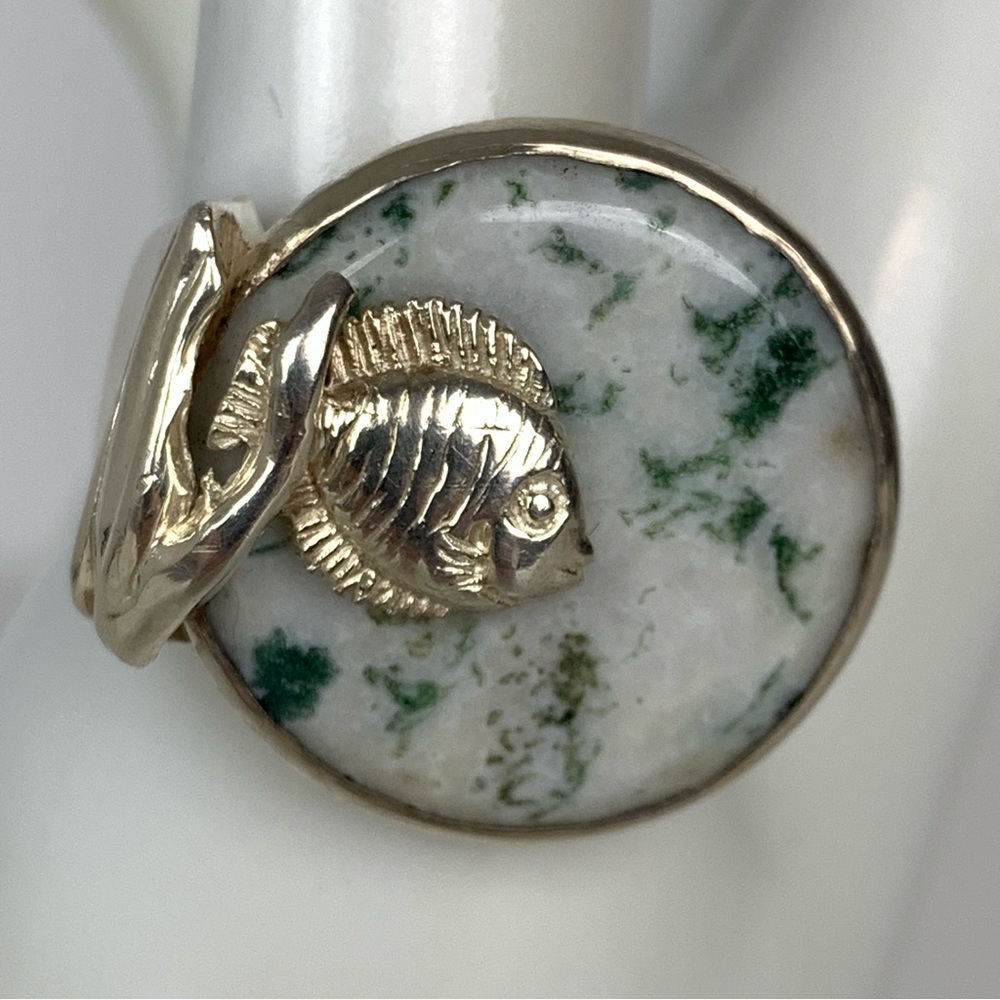 Sterling Silver Ring Fish Band Jasper Stone Sz 8.5 Vtg Stamped 925 Marine Life